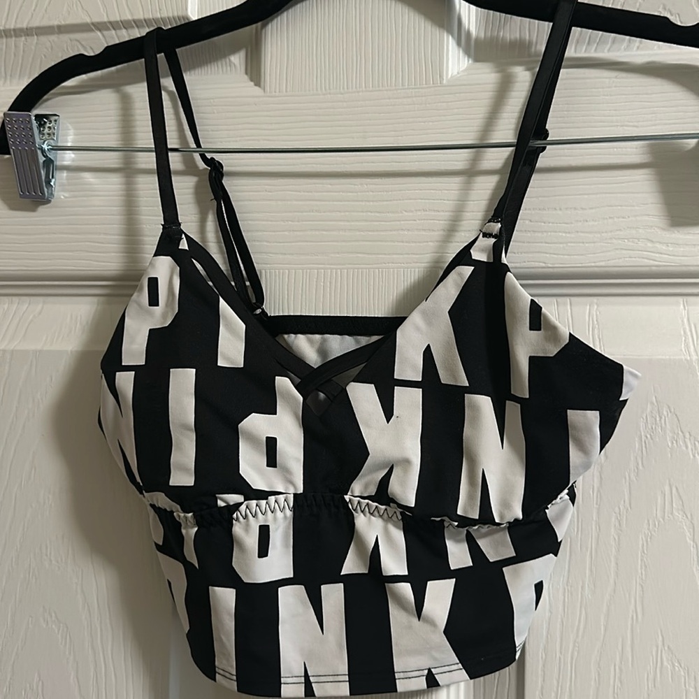 Victoria's Secret Pink Ultimate Unlined Strappy Logo Bra Color Black/White XS - Picture 2 of 3